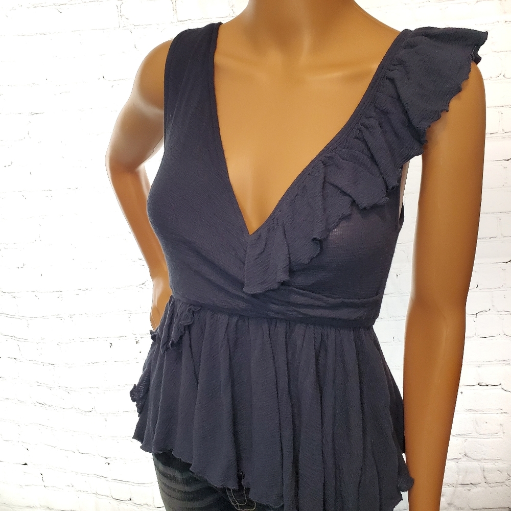 Free People blue asymmetric ruffle sweater tank